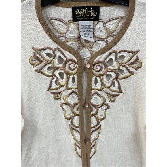 Bob Mackie Cardigan Sweater Women’s 1X Ivory Beige Embroidered Layering Floral - Picture 3 of 7